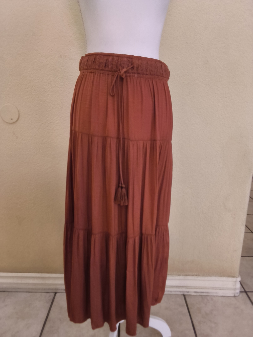 Joie Rust-Tone Tiered Maxi Skirt with Tassel Drawstring